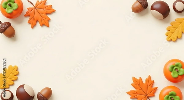 Obraz 秋の紅葉とどんぐりと柿のかわいいクレイアートフレーム背景