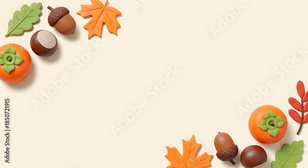 Obraz 秋の紅葉とどんぐりと柿のかわいいクレイアートフレーム背景