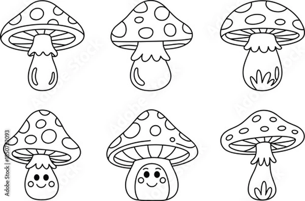 Obraz Six cartoon mushrooms with faces and patterns on caps