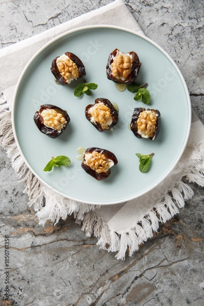 Obraz Arabic stuffed dates with cream cheese, walnuts and honey close-up in a plate on the table. Vertical top view from above