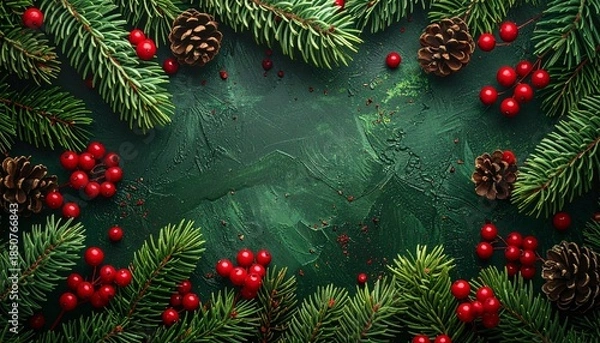 Obraz クリスマス背景：モミの木と赤い実と松ぼっくりのフレーム