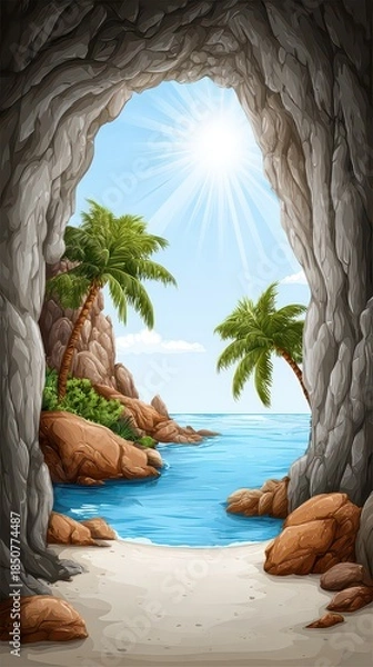 Obraz Pixel Art Cave Opening onto Tropical Beach Scene with Palm Trees and Sunlight