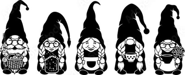 Obraz Gnome Silhouette SVG Bundle – Cute Scandinavian Gnomes with Hats and Lanterns, Christmas & Fantasy Clipart