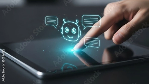 Obraz Interactive Chatbot Support: User Touching Tablet Screen with Digital Robot Icon for Customer Assistance