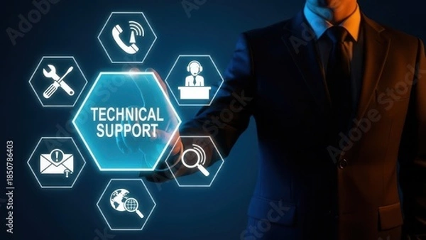 Obraz Global Technical Support: Executive Touching Hexagonal Interface for Professional Client Assistance Services