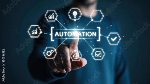 Obraz Interactive Business Automation: Professional Touching Digital Interface with Workflow Optimization Icons for System Efficiency