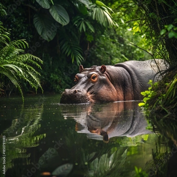 Fototapeta A massive hippopotamus half-submerged in a jungle water pool, reflections, lush plants, high clarity
