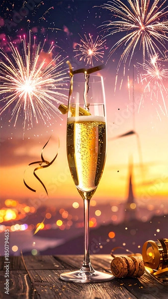 Obraz celebration champagne toast with fireworks, 