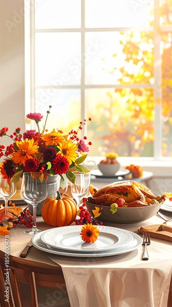 Obraz dinner table setting with autumn harvest, 