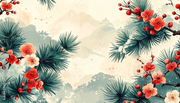 Obraz 山と松竹梅が彩る優しいパステル調の和風正月背景素材