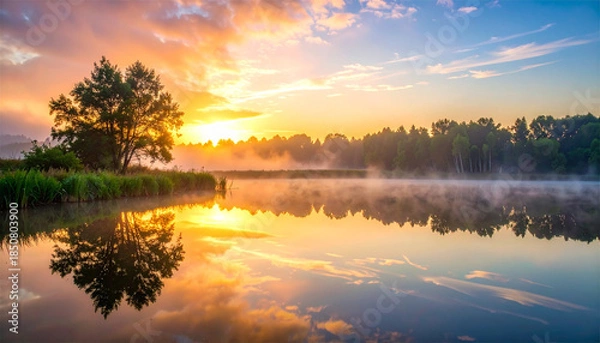 Obraz reflection at dawn, serene water 