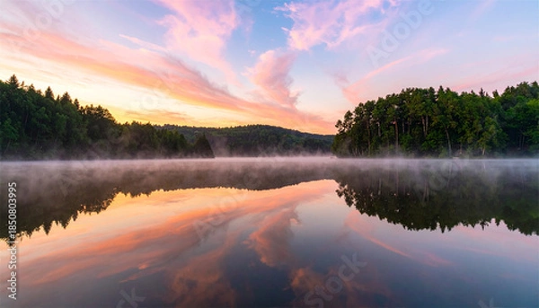 Obraz reflection at dawn, serene water 