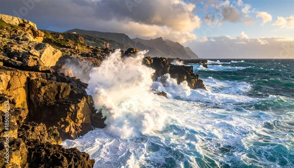 Obraz waves crashing on rocky coastline, 