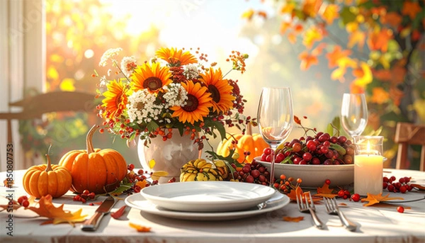 Obraz dinner table setting with autumn harvest, 