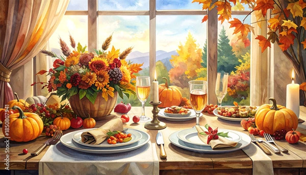 Obraz dinner table setting with autumn harvest, 