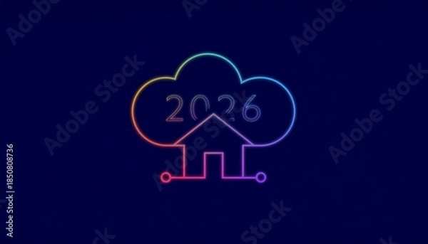 Fototapeta Futuristic smart home concept with cloud and 2026 year in neon lights