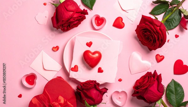 Obraz Day romantic setup with red roses and hearts, 