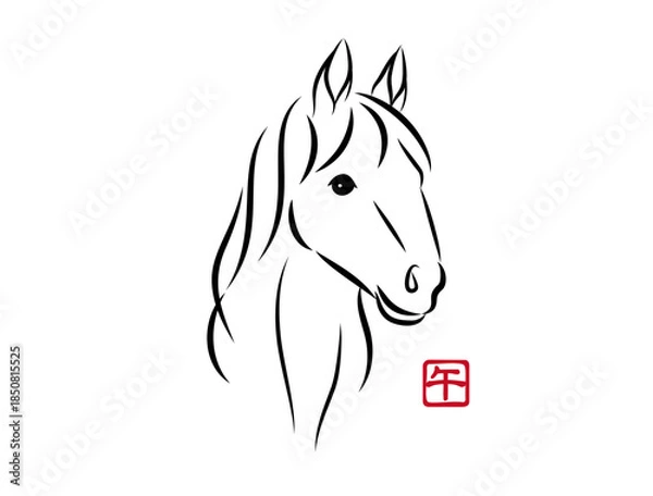 Fototapeta 優しい目をした美しい白馬の顔のイラスト 墨絵風でお洒落な午年の年賀状素材 ベクター