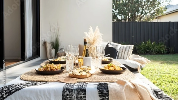 Obraz Outdoor Dining Table Setting with Food and Wine image