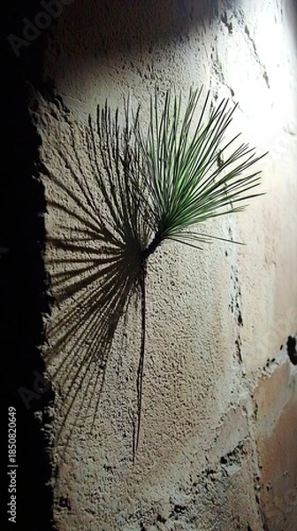 Fototapeta Sprouting Pine Tip Casting Shadow on Dusty Olive Wall Surface