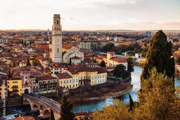 Fototapeta Aerial view of famous touristic city Verona in Italy at sunset