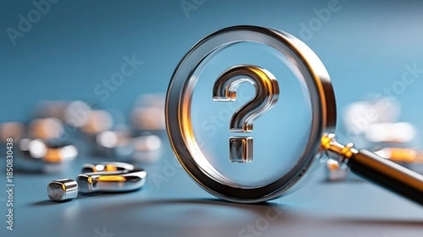 Obraz Magnifying Glass and Question Mark on Blue Background