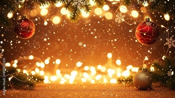 Obraz Golden Christmas Frame Background with Bokeh Lights and Copy Space