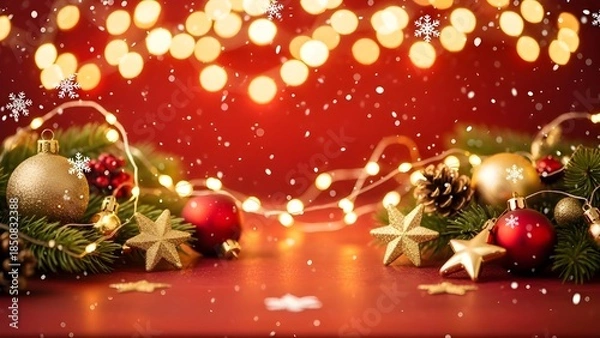 Obraz Red Christmas Background with Decorations, String Lights, and Copy Space