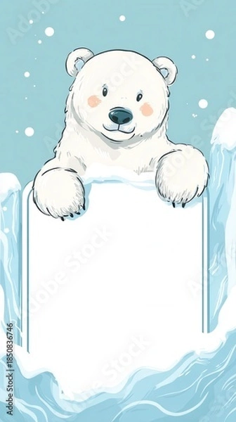 Obraz A cartoon polar bear is holding a white sign