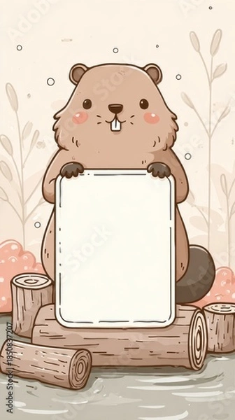 Obraz A cute cartoon animal holding a blank piece of paper