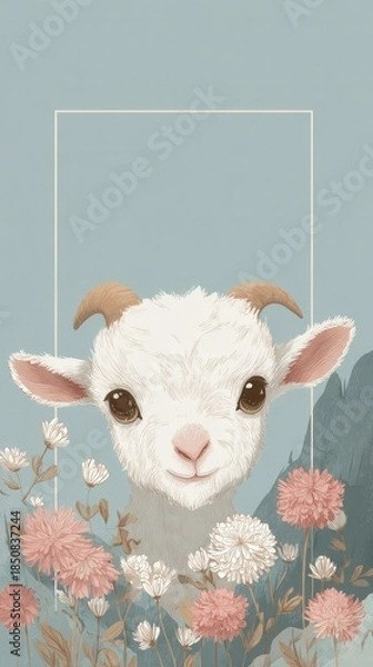 Obraz A cute goat is surrounded by flowers and a white frame