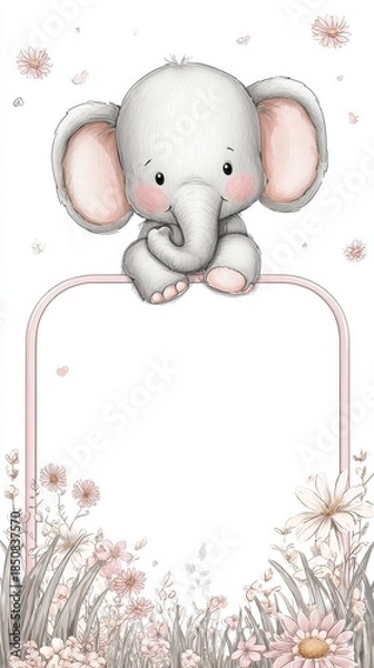 Obraz A cute elephant is sitting on a white frame with pink flowers