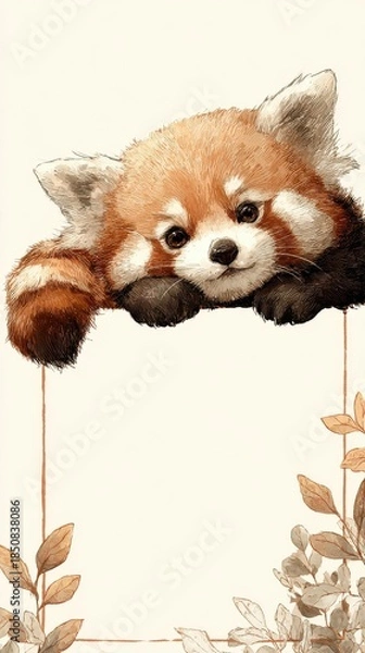 Obraz A cute red panda bear is laying on a white background with a frame