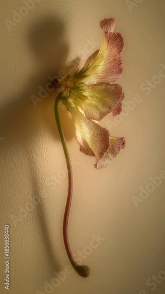 Fototapeta Delicate Celosia Bloom on Diffused Tan Wall Background Macro Shot
