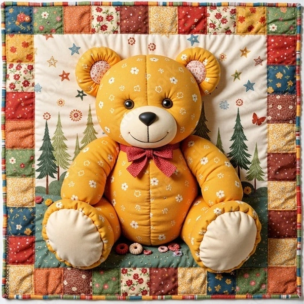 Fototapeta A rag bear on a patchwork background