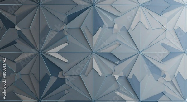 Fototapeta 繊細で複雑な多角形が織りなす青とグレーの立体的な幾何学模様柔らかな光を美しく反射し深みのある奥行きを生み出すクールで現代的な壁の背景デザインテクスチャ. AI Generated