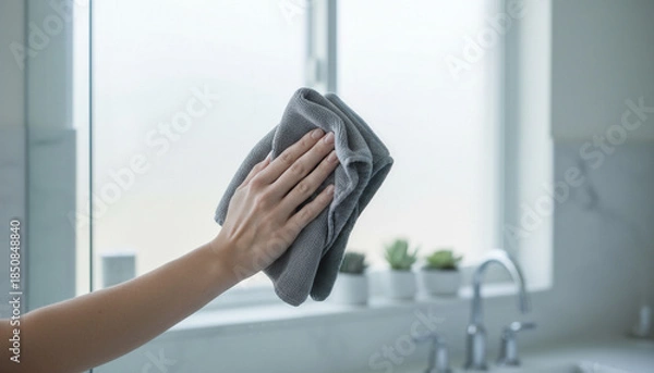 Obraz グレーの布で窓ガラスを拭き掃除する手元の清潔な家事ライフスタイルシーン