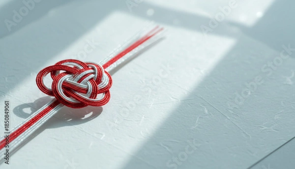 Obraz 白い背景に置かれた紅白の水引による梅結びの伝統的な正月飾りのクローズアップ