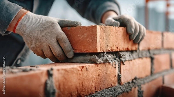 Obraz Bricklayer installing a brick on a wall