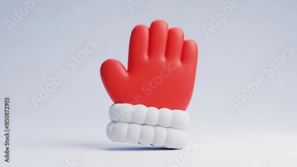Obraz Red rubber glove with white cuff, isolated on gray background, hand gesture, single mitten, smooth surface, studio lighting, minimalistic design
