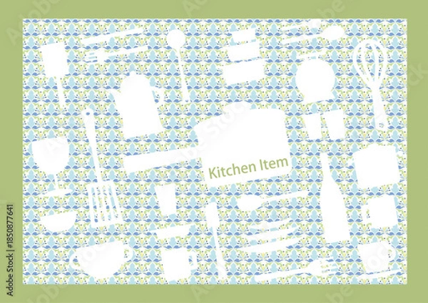 Obraz 白いシルエットのキッチンアイテムとキッチンマットのパターン