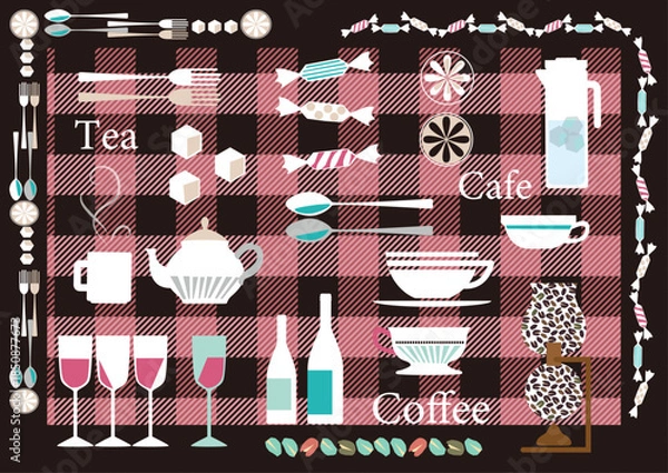 Obraz 紅茶とコーヒー　飲み物  カフェのイメージ素材  ギンガムチェックのパターン