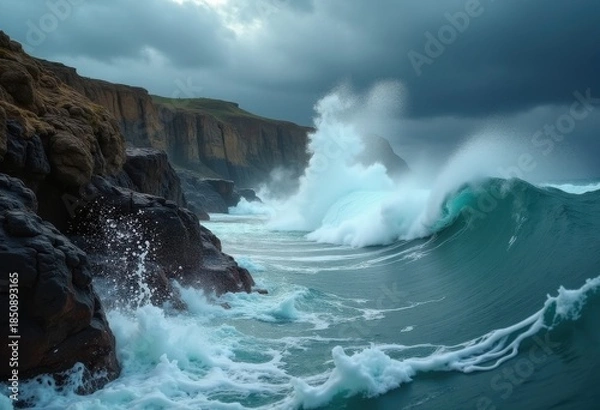 Obraz Dramatic Coastal Rock Formation Underset by Raging Waves and Distant Storm Clouds