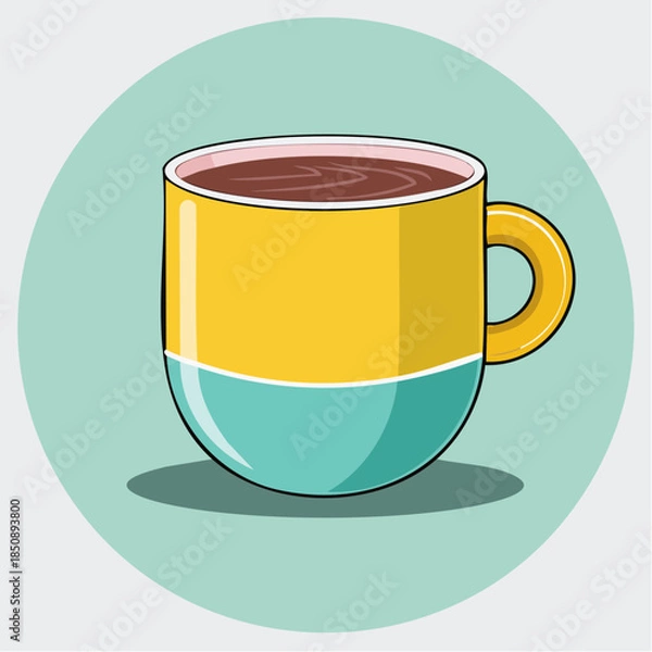 Obraz Illustration of a yellow and blue mug filled with a brown liquid on a light blue background.