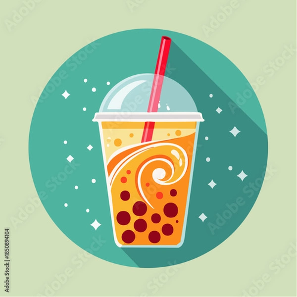 Obraz Illustration of a bubble tea drink with tapioca pearls and a red straw.
