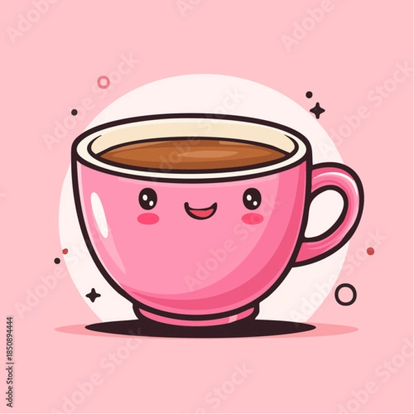 Obraz Cute pink cartoon coffee cup with a happy face and coffee inside.