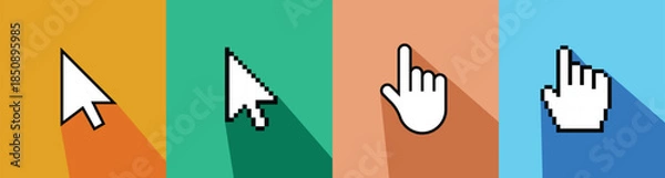 Obraz Mouse cursor and hand pointer icons with long shadow, Colorful UI element set, Flat design clicker symbols, Vector and pixel web navigation graphics, Pointer collection