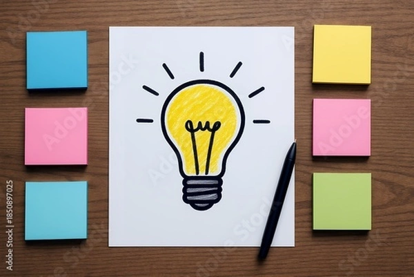 Obraz 付箋とペンに囲まれた電球イラストでひらめきとアイデア発想を表現したデスク風景