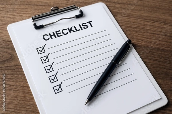 Obraz 木製デスクの上に置かれたチェックリスト用紙とペンで確認作業を表現した業務イメージ