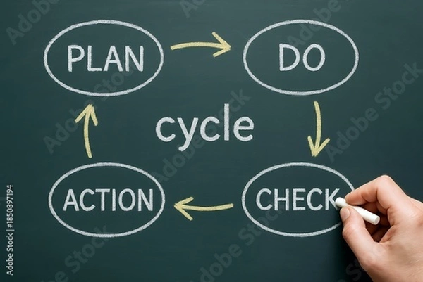 Obraz PDCAサイクルを黒板に描き計画実行確認改善の流れを分かりやすく示した業務改善イメージ